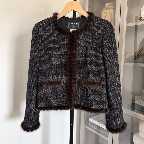 CHANEL Black Gold Tweed Wool Brown Mink Fur Trim Jacket 40 Mohair Blazer - Picture 1 of 6